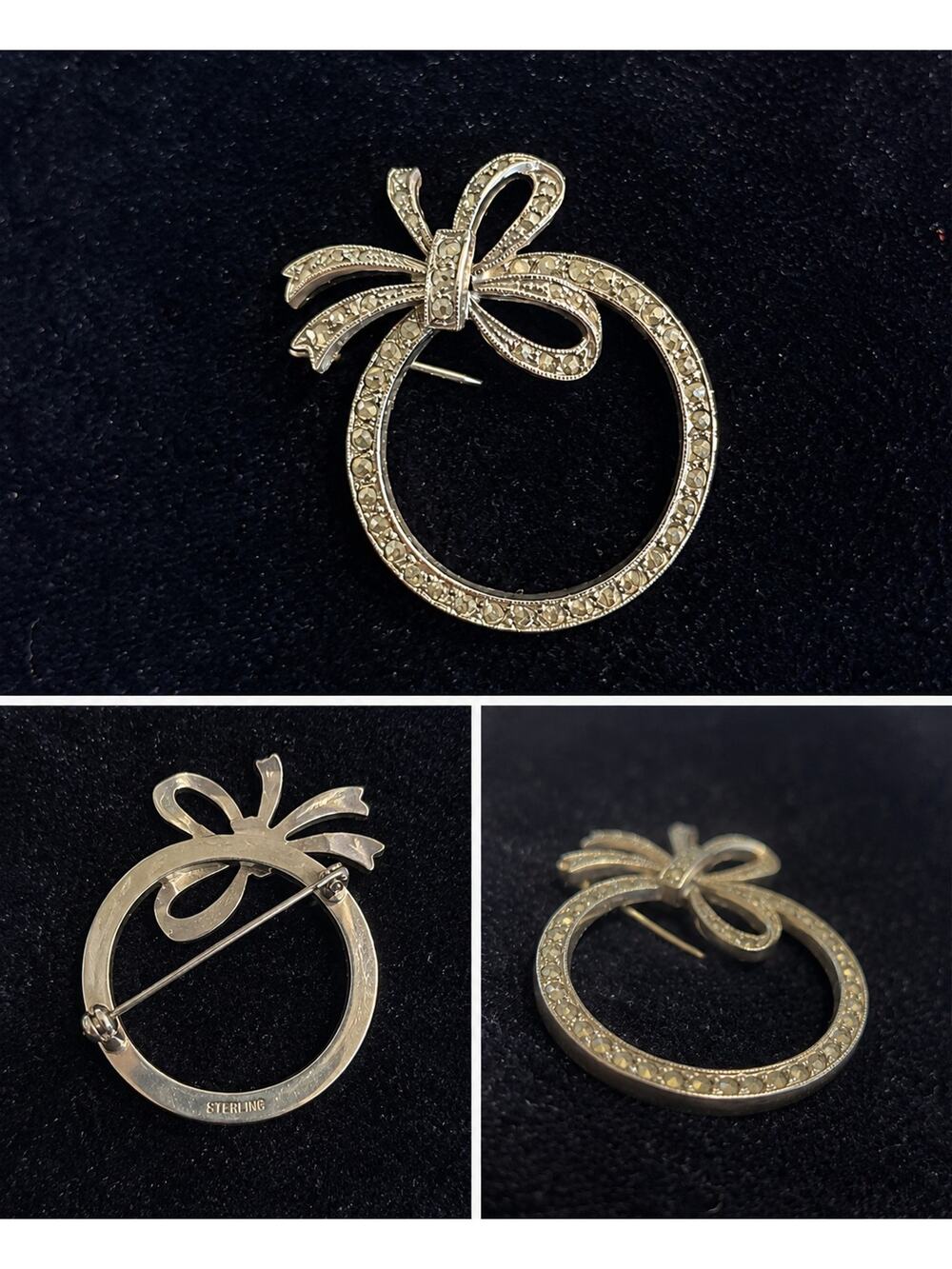 Vintage Sterling Silver Bow Wreath Circle Brooch Rhinestone Ribbon Pin
